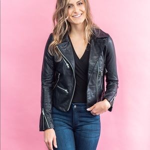 Olivaceous multi pocket black leather jacket